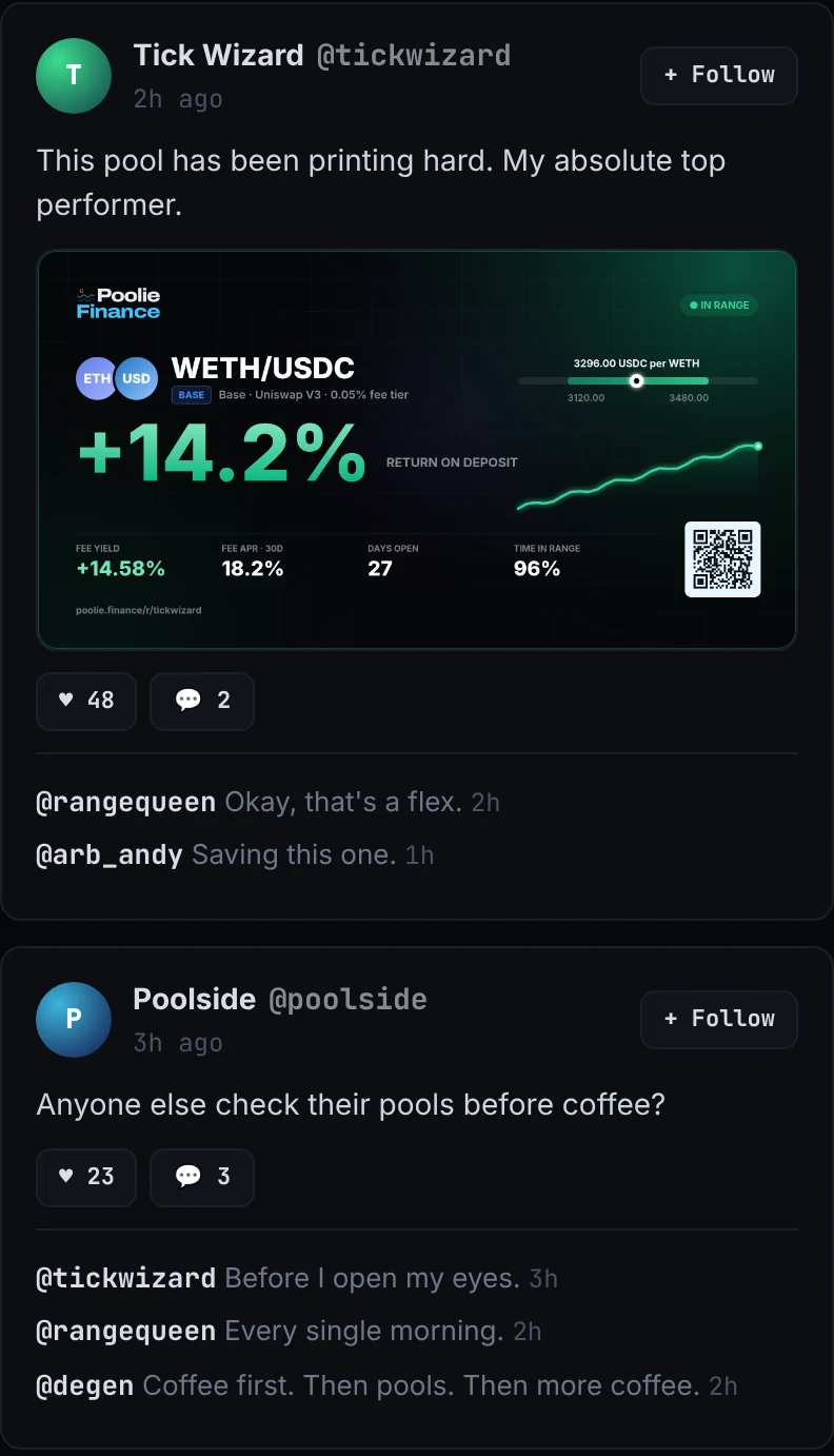 Two posts in the pool: a share card brag and a casual question, with likes and comments (example data)